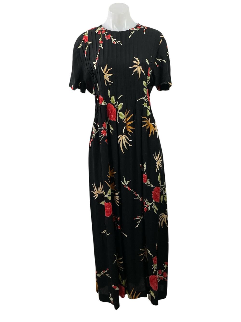 Positive Attitude Black Floral Short Sleeve Tie Pleated A Line Maxi Dress Sz 12